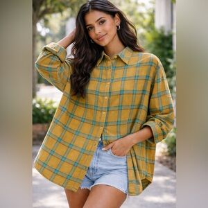 PrettyLittleThing Mustard Plaid Button Up Shirt One Size